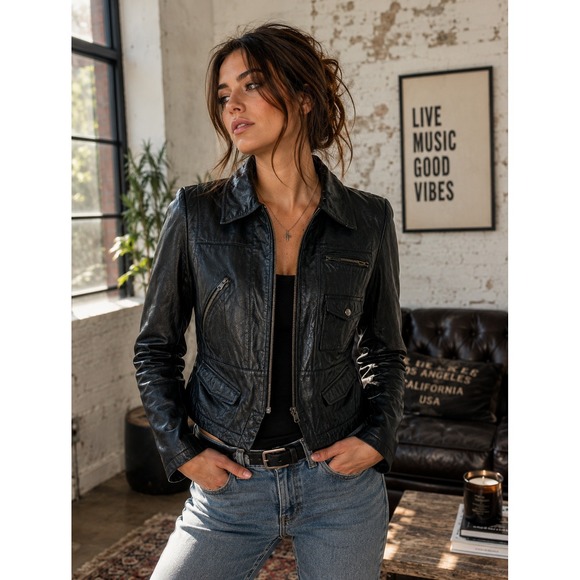 Black Rivet Jackets & Blazers - Black Rivet Genuine Leather Cropped Utility Large Jacket Y2K Moto | 100% Leather